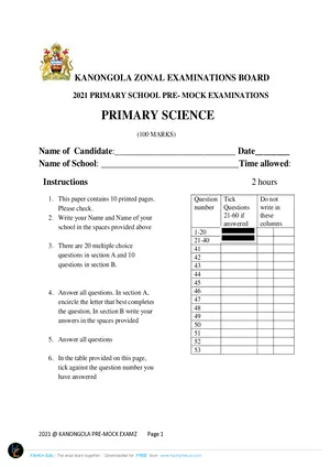 2021 Kanongola PSLCE Pre-Mock Primary Science - Preview