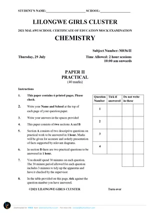 2021 Lilongwe Girls Cluster Chemistry Paper II Mock - Preview