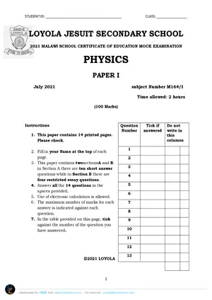 2021 Loyola Jesuit MSCE Physics Paper I - Preview