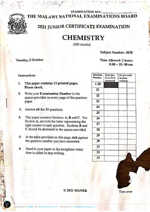 2021 MANEB JCE Chemistry Past Paper - Preview