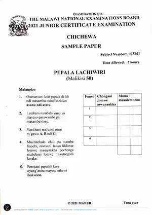2021 MANEB JCE Chichewa Paper II Sample - Preview