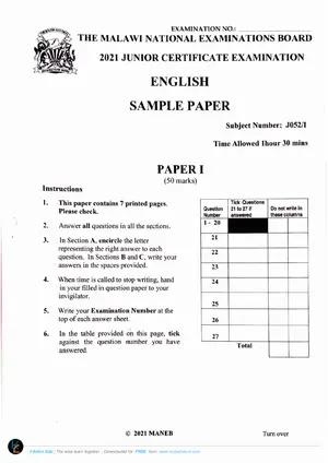2021 MANEB JCE English Paper I Sample - Preview