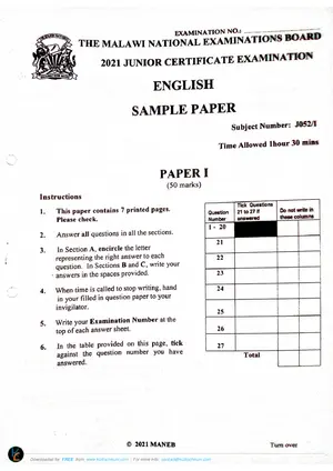 2021 MANEB JCE English Sample Paper - Preview