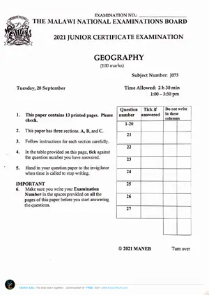 2021 MANEB JCE Geography Past Paper - Preview