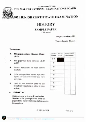 2021 MANEB JCE History Sample Paper - Preview