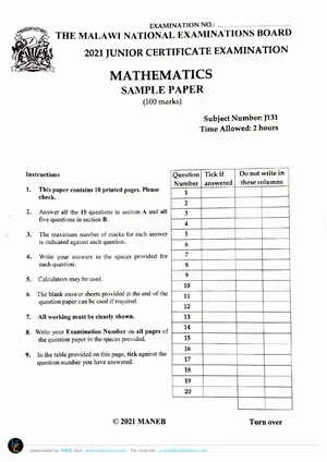 2021 MANEB JCE Mathematics Sample Paper - Preview