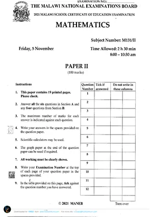 2021 MANEB MSCE Mathematics Paper 2 - Preview