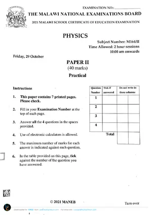 2021 MANEB MSCE Physics Paper 2 Past Paper - Preview
