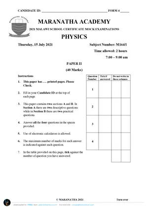 2021 Maranatha Academy MSCE Physics Paper II Mock Examinations - Preview