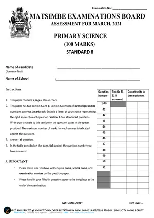 2021 Matsimbe March Assessment Primary Science - Preview