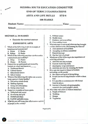 2021 Mzimba South Standard 6 Arts and Life Skills Term 2 Exams - Preview