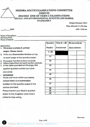 2021 Mzimba South Standard 6 SES Term 2 Exams - Preview