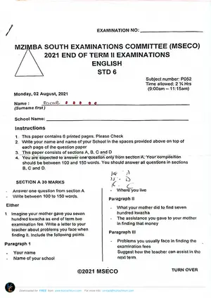 2021 Mzimba South Standard 6 Term 2 English Exams - Preview