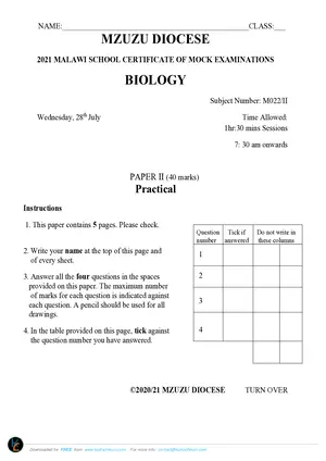 2021 Mzuzu Diocese Biology Paper II Practicals - Preview