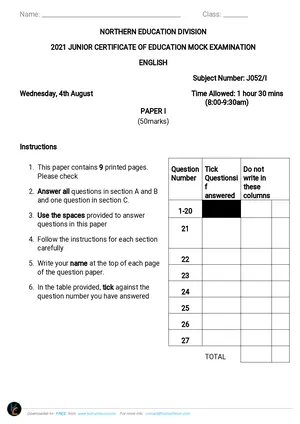 2021 NED JCE English Paper I Questions - Preview
