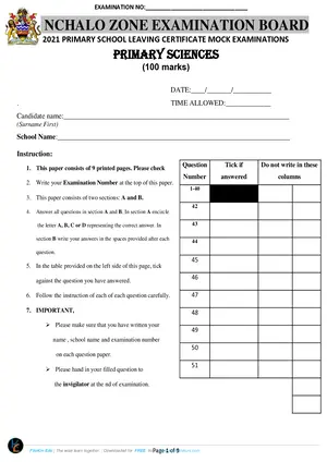 2021 Nchalo Mock Primary Sciences - Preview