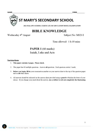 2021 St Mary's MSCE Bible Knowledge Paper I - Preview