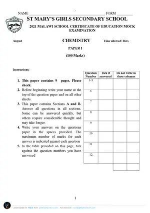 2021 St Mary's MSCE Chemistry Paper I - Preview