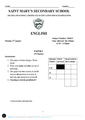 2021 St Mary's MSCE English Paper I - Preview