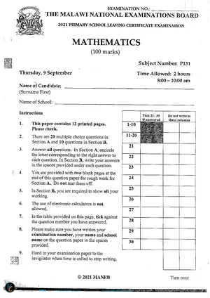 2021 MANEB PSLCE Mathematics Past Paper - Preview