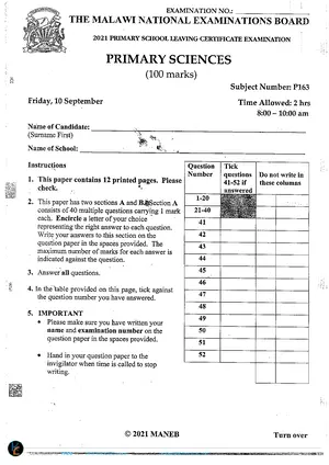 2021 MANEB PSLCE Primary Science Past Paper - Preview