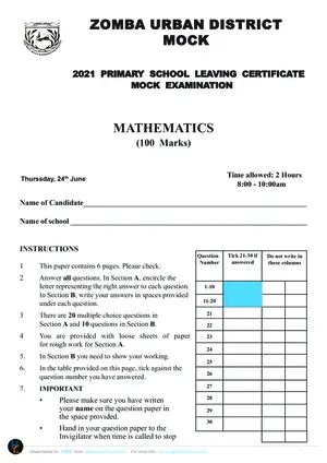 2021 Zomba Urban PSLCE Mathematics Mock Paper - Preview