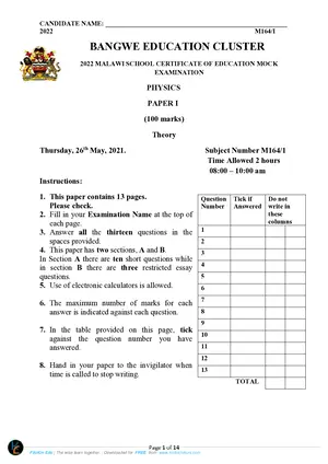 2022 Bangwe MSCE Physics Paper I - Preview