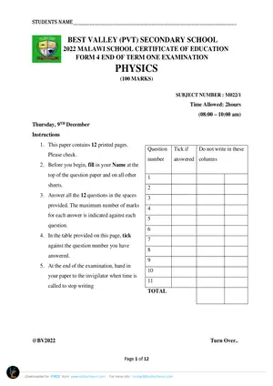 2022 Best Valley Form 4 Term 1 Physics Paper I - Preview