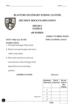 2022 Blantyre Secondary School (BSS) MSCE Physics Paper II MSCE Mock - Preview