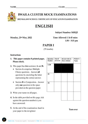 2022 Bwaila MSCE English Paper I - Preview