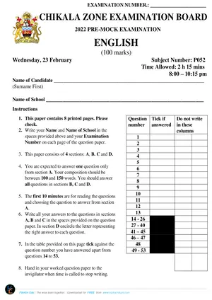 2022 Chikala Primary Pre-Zone Mock English - Preview