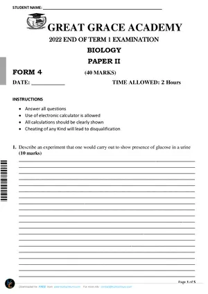 2022 Great Grace Academy Form 4 Term 1 Biology Paper II - Preview