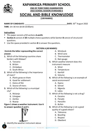 2022 KAPANIKIZA PRIMARY SCHOOL Standard 6 Term 3 Social and Religious Studies Past Paper - Preview