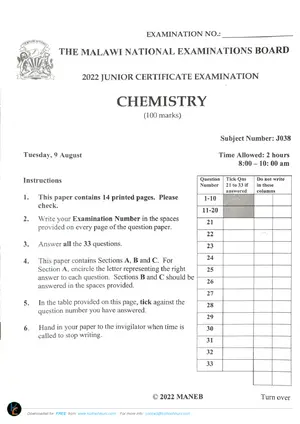 2022 MANEB JCE Chemistry Past Paper - Preview