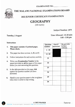 2022 MANEB JCE Geography Past Paper - Preview