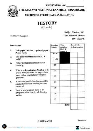 2022 MANEB JCE History Past Paper - Preview