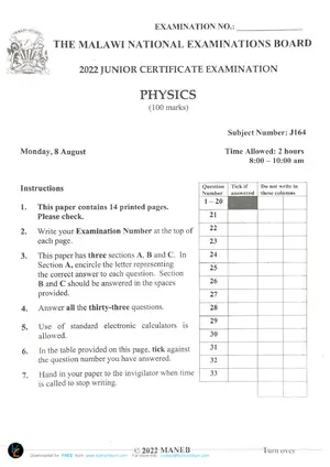 2022 MANEB JCE Physics Past Paper - Preview