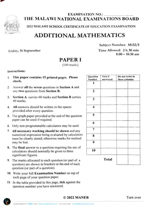 2022 MANEB MSCE Additional Mathematics Paper 1 | Malawian 100% FREE Edu ...