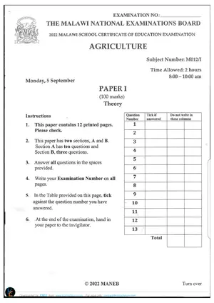 2022 MANEB MSCE Agriculture Paper 1 Past Paper - Preview