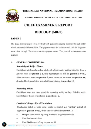 2022 MANEB MSCE Biology Chief Examiners Report - Preview