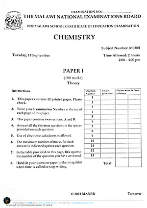 2022 MANEB MSCE Chemistry Paper I - Preview