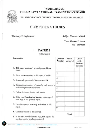 2022 MANEB MSCE Computer Studies Paper I - Preview
