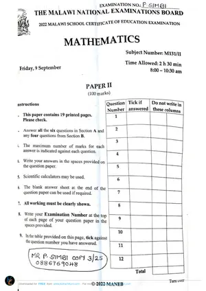 2022 MANEB MSCE Mathematics Paper 2 Past Paper - Preview