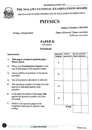 2022 MANEB MSCE Physics Paper 2 Past Paper - Preview