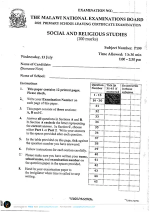 2022 MANEB PSLCE Social and Religious Studies - Preview