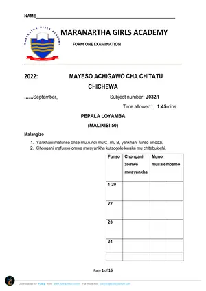 2022 Maranatha Form 1 Term 3 Chichewa Paper I & II - Preview