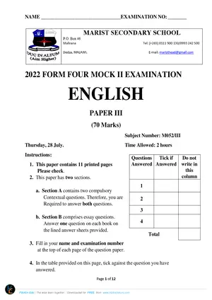 2022 Marist MSCE English Paper III - Preview