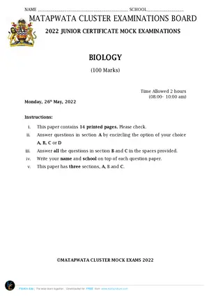 2022 Matapwata Cluster JCE Biology Mock - Preview