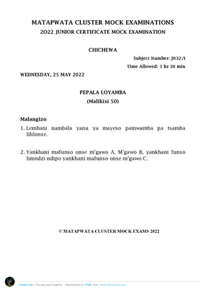 2022 Matapwata Cluster JCE Chichewa Paper I Mock - Preview