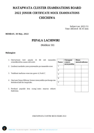 2022 Matapwata Cluster JCE Chichewa Paper II Mock - Preview